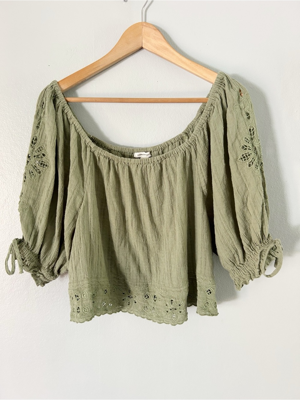 American Eagle Outfitters Olive Green Peasant Off-Shoulder Top